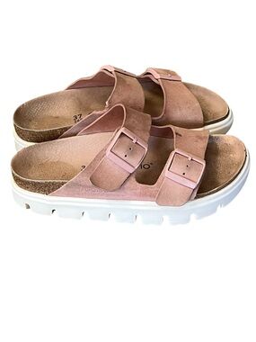 Birkenstock Papillio Arizona pink suede two strap platform sandals